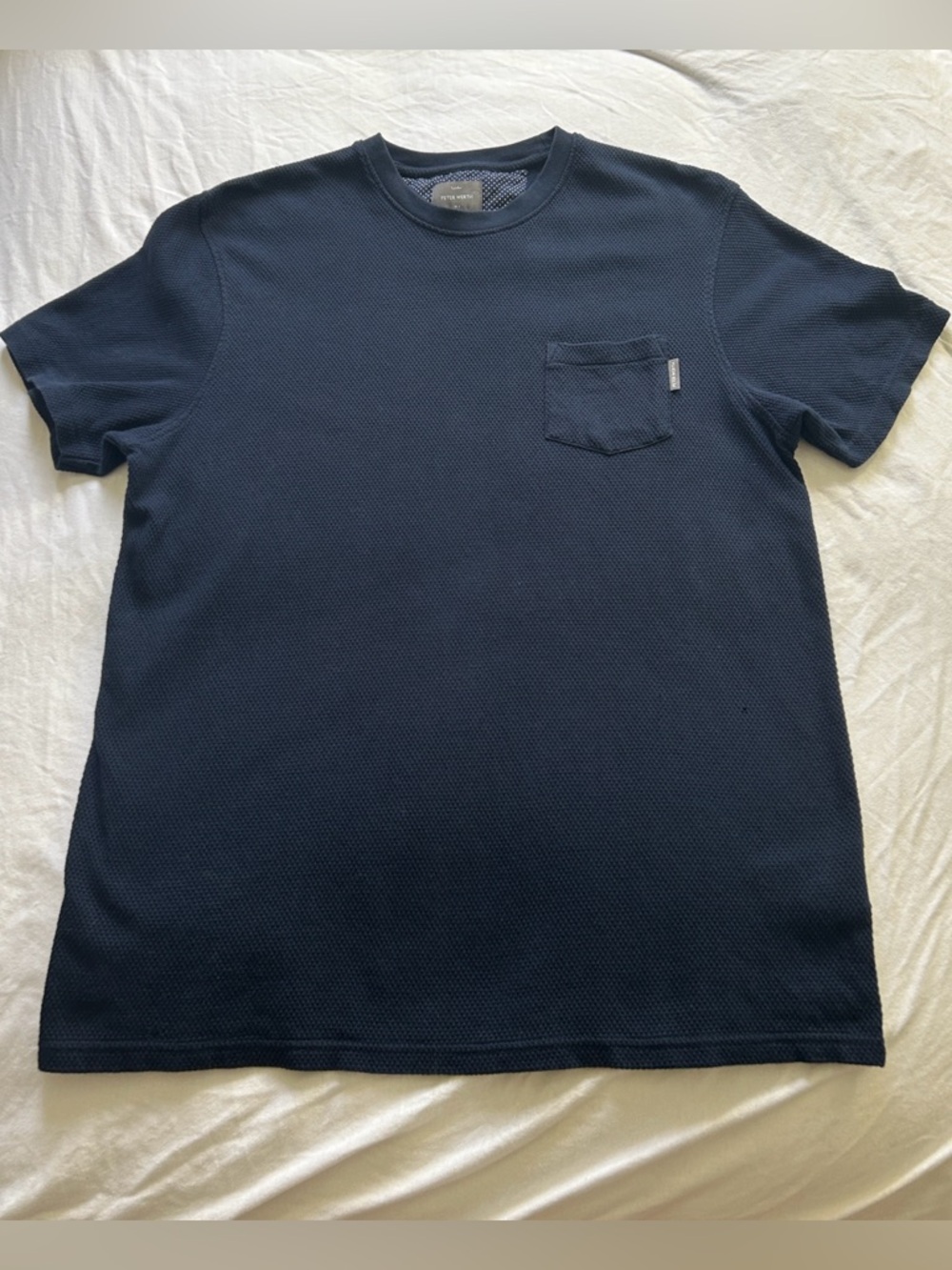 🆕 PETER WEARTH London Men's Navy Pocket Crew Neck Waffle Shirt